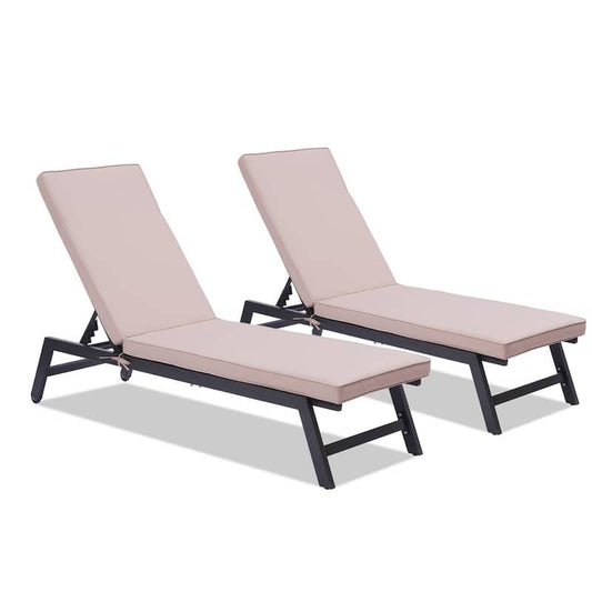 2-Piece Aluminum Outdoor Chaise Lounge Set with Cushions, 5 Recline Positions Adjustable, Khaki