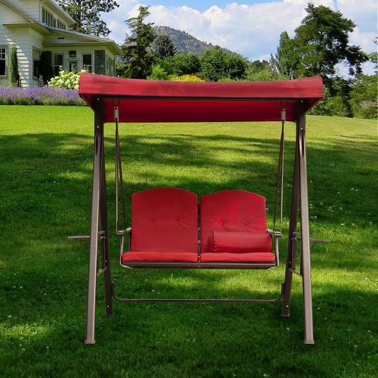 2-Seat Outdoor Steel Patio Porch Swing Chair with Removable Cushions and Pillow Included for Backyard, Red