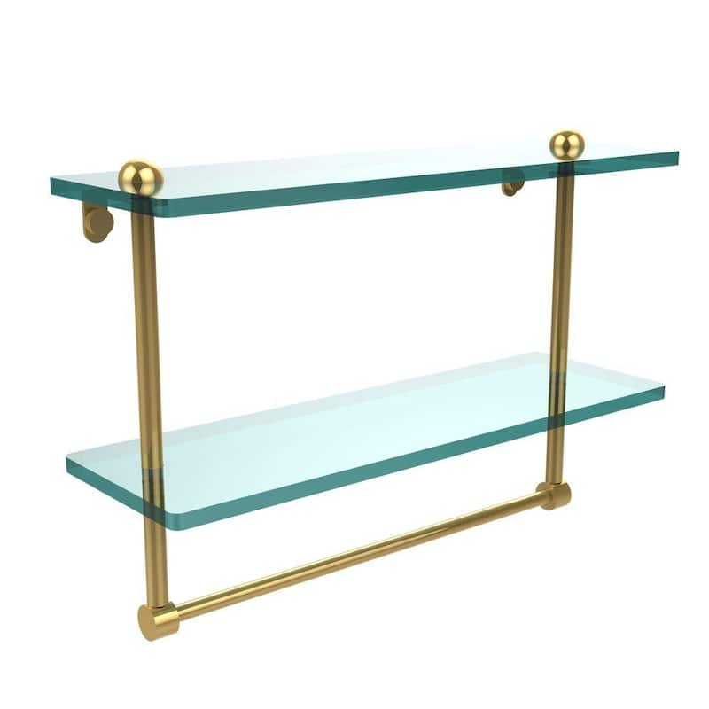 16 in. L x 12 in. H x 5 in. W 2-Tier Clear Glass Bathroom Shelf with Towel Bar in Polished Brass