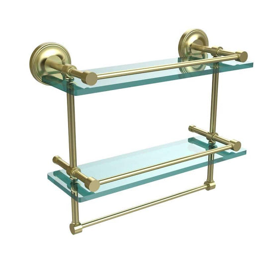 16 in. L x 12 in. H x 5 in. W 2-Tier Gallery Clear Glass Bathroom Shelf with Towel Bar in Satin Brass