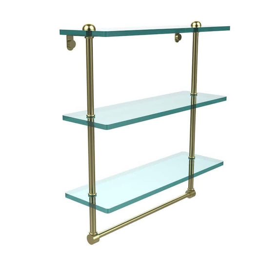 16 in. L x 18 in. H x 5 in. W 3-Tier Clear Glass Bathroom Shelf with Towel Bar in Satin Brass