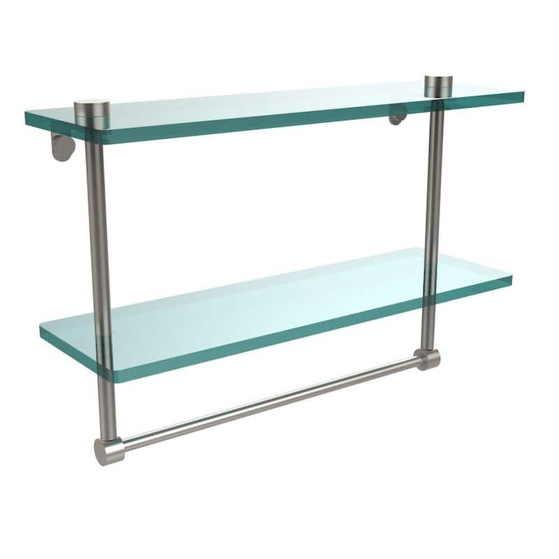 16 in. L x 12 in. H x 5 in. W 2-Tier Clear Glass Vanity Bathroom Shelf with Towel Bar in Satin Nickel