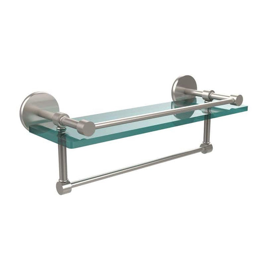 16 in. L x 5 in. H x 5 in. W Clear Glass Bathroom Shelf with Towel Bar in Satin Nickel