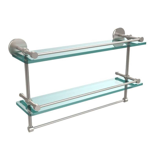 22 in. L x 12 in. H x 5 in. W 2-Tier Clear Glass Bathroom Shelf with Towel Bar in Satin Nickel