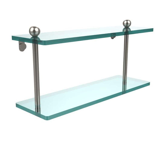 16 in. L x 8 in. H x 5 in. W 2-Tier Clear Glass Bathroom Shelf in Satin Nickel