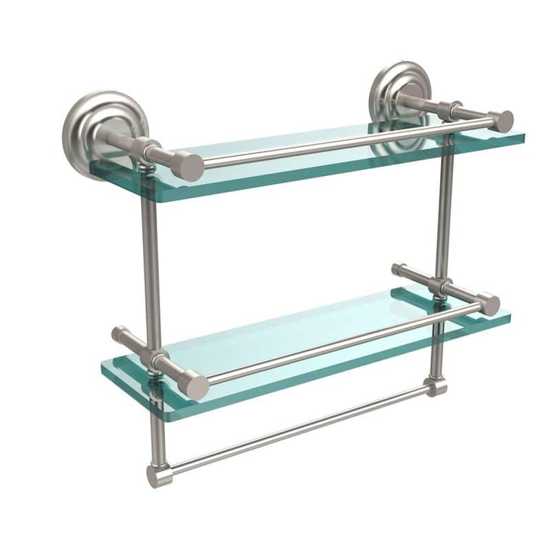 16 in. L x 12 in. H x 5 in. W 2-Tier Gallery Clear Glass Bathroom Shelf with Towel Bar in Satin Nickel