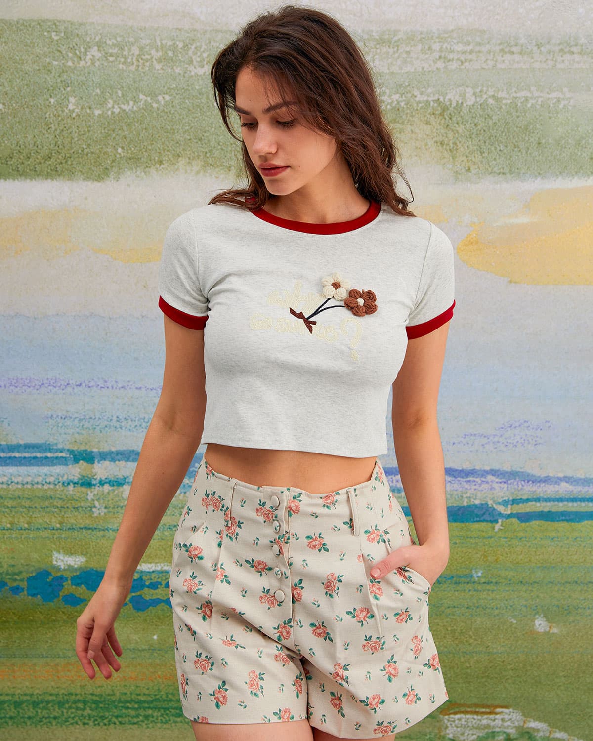 The Round Neck Flowers Embroidery Tee