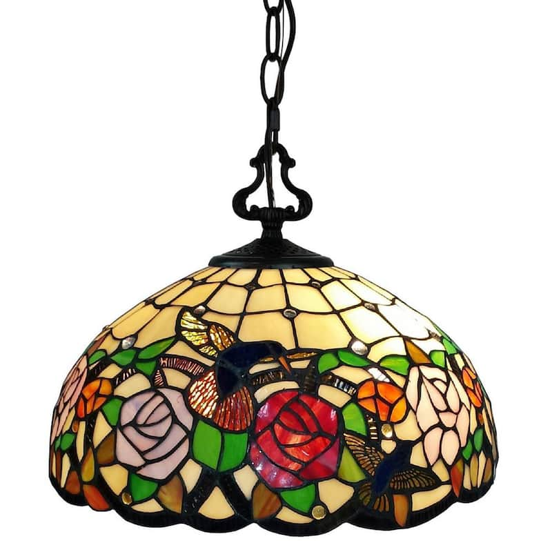 2-Light Tiffany Style Hummingbirds Floral Hanging Pendant with Glass Shade