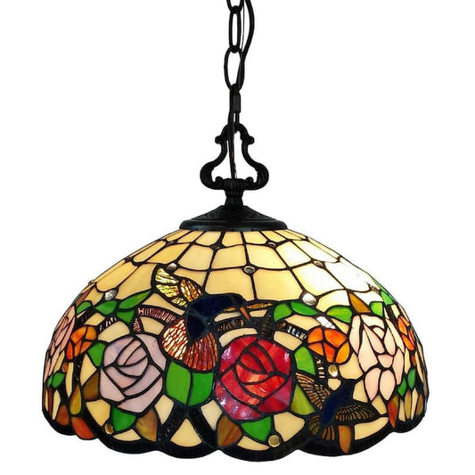 2-Light Tiffany Style Hummingbirds Floral Hanging Pendant with Glass Shade