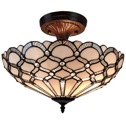 2-Light Tiffany Style White Ceiling Lamp with Glass Shade