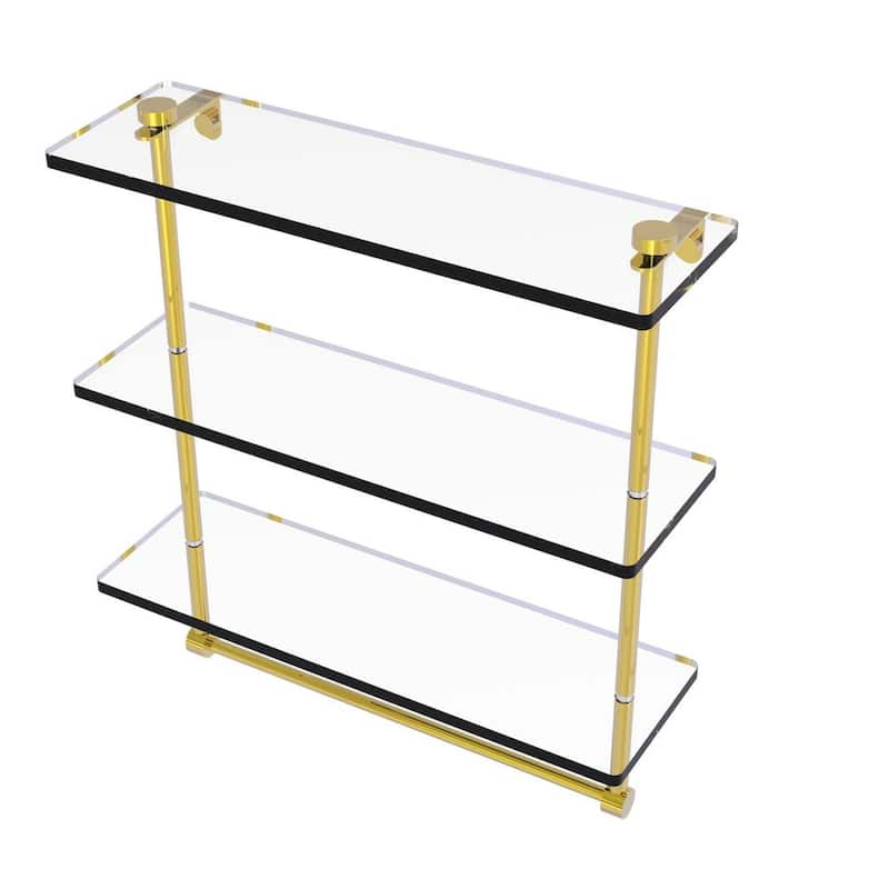 16 in. Triple Tiered Glass Shelf with Integrated Towel Bar in Unlacquered Brass