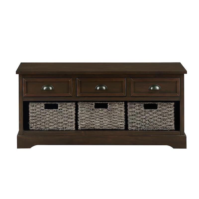 19.5 in. x 41.9 in. x 15.2 in. Homes Collection Wicker Storage Bench with 3 Drawers and 3 Woven Baskets - Walnut