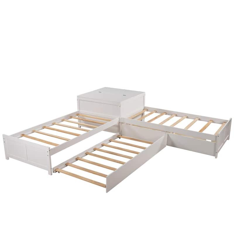 119.3 in. W L-shaped Platform Bed with Trundle and Drawers Linked with Built-in Flip Square Table, Twin - White