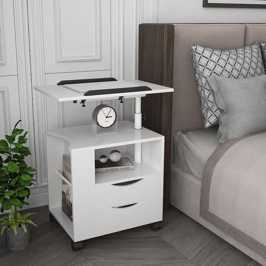 2-Drawer White, Set of 1 Nightstand End Table with Swivel Top and Shelf, 18.31 in. H x 15.57 in. W x 19.69 in. D