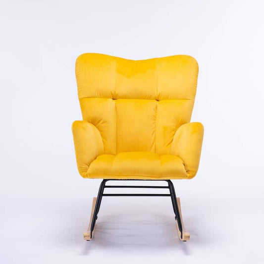 Yellow Upholstered Rocking Arm Chair with Padded Seat and Velvet High Backrest